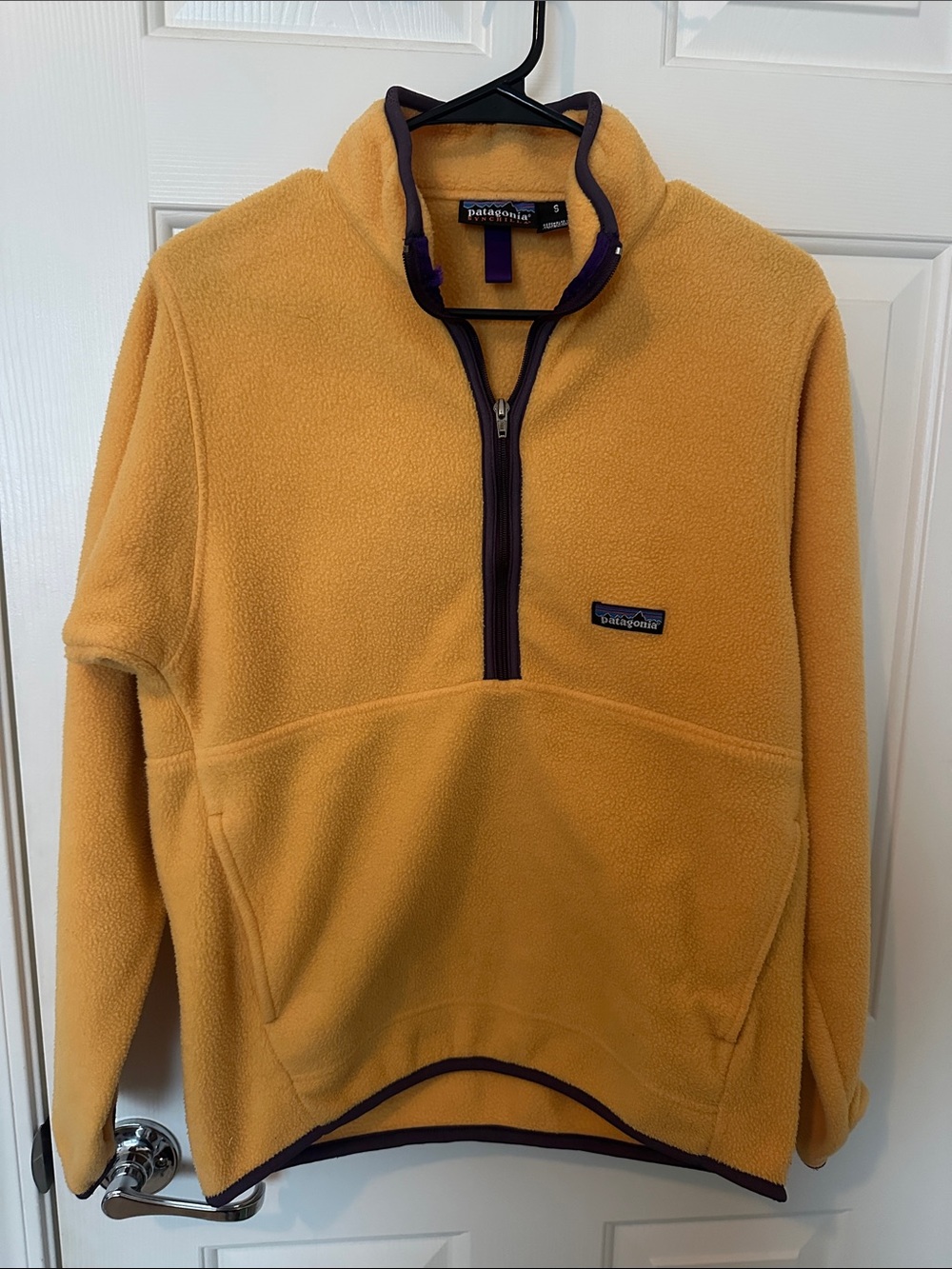 Patagonia Men’s Gold Fleece Half-Zip Pullover with Purple Trim